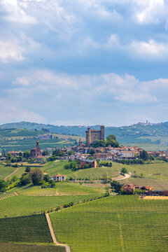 Perno village castle and vineyards in Langhe, Piedmont, Italy