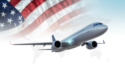 Commercial airplane flying over american flag background