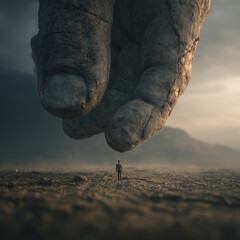 Surreal view of a large hand formed by rocks, near a very small person, desolate landscape, ai generative