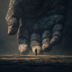 Surreal view of a large hand formed by rocks, near a very small person, desolate landscape, ai generative