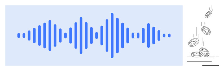 Obraz premium Audio monetization, sound engineering, financial technology, cryptocurrency, sound design, economic concepts. Blue soundwave alongside falling coins. Audio monetization and financial technology