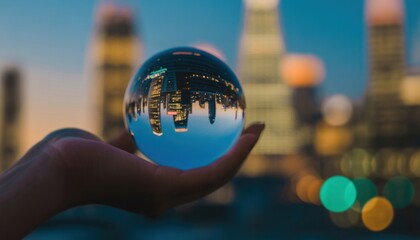 Hand holds crystal ball with stock market chart, cityscape reflection. Financial forecast, investment concept. Business, economy trend prediction with financial graph. Market analysis, investment