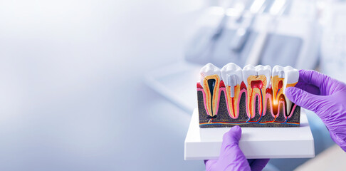 Dental model of tooth anatomy held by dentist in purple gloves, banner medical treatment healthcare