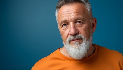 Obraz premium Clean studio portrait of a mature man with gray hair and white beard, natural skin texture and wrinkles, calm expression, soft lighting, blue background, modern and realistic look
