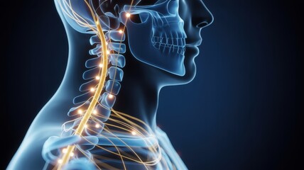 Transparent human neck and chest illustrating vagus nerve activation and acetylcholine release signaling for neuromodulation and autonomic regulation. 
