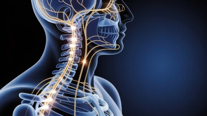 Transparent human neck and chest illustrating vagus nerve activation and acetylcholine release signaling for neuromodulation and autonomic regulation. 
