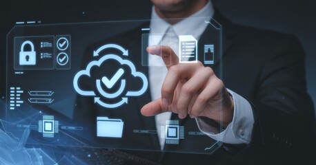 Hand interacting with holographic cloud computing interface on digital background showing cybersecurity and data synchronization concept. 
