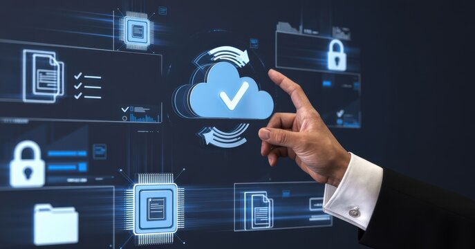 Hand interacting with holographic cloud computing interface on digital background showing cybersecurity and data synchronization concept. 
 - Powered by Adobe