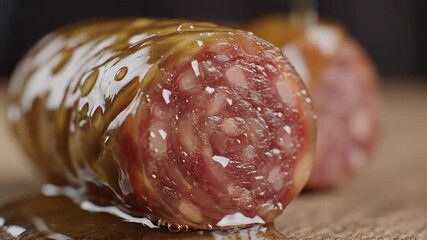 Golden honey slowly drizzles over a rustic artisanal cured sausage highlighting the rich textures and gourmet flavors of this exquisite culinary delicacy perfect for a sophisticated appetizer or char.