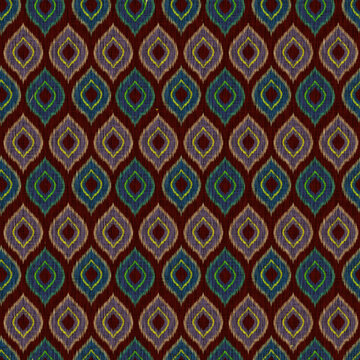 Rich Seamless Ethnic Ikat Teardrop Pattern: Traditional Handwoven Motif in Deep Maroon, Olive, and Teal Colors, Evoking Primitive Textile Art and Tribal Heritage.
