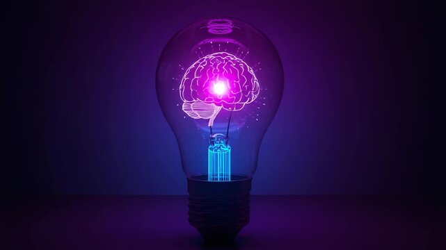 light bulb with huiman brain on neon background