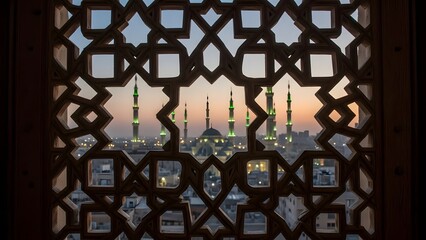 View through an intricate Islamic carved stone window (Mashrabiya)