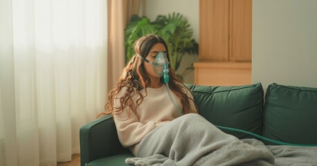 Asthma, sofa and woman with nebulizer mask to inhale medicine, respiratory disease and health support. Chronic condition, breath recovery and person with medical machine for lungs, wellness and home