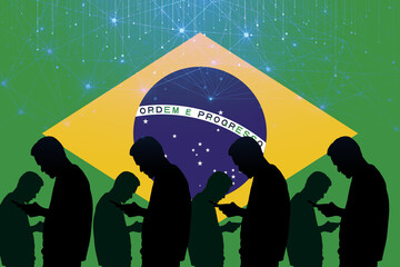 Silhouettes of people glued to smartphones against Brazil flag with digital network overlay. Concept of mobile phone addiction and connectivity in Brazil