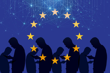 Silhouettes of people obsessed with smartphones against EU flag stars on blue digital network background. Concept of mobile addiction and connectivity in Europe