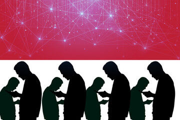 Silhouettes of people addicted to smartphones against Indonesian flag with red digital network overlay. Concept of mobile obsession and connectivity in Indonesia