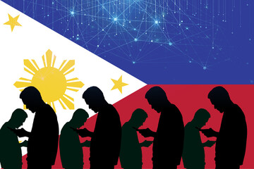 Silhouettes of people fixated on smartphones against Philippine flag with digital network overlay. Concept of mobile phone addiction and connectivity in Philippines