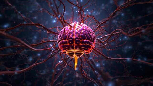 cyber human brain surrounded by neural network data flow