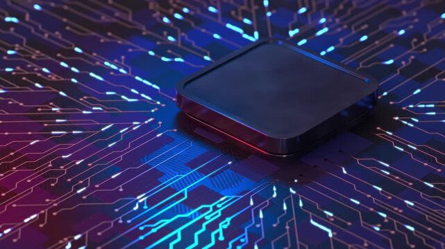 High-detail 3D animation of a metallic CPU chip on a luminous electronic circuit board. Blue and magenta light paths simulate data flow and cybersecurity network activity, representing big data