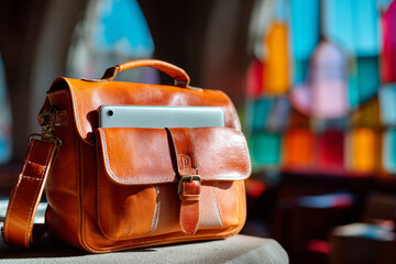 A brown leather messenger bag with a tablet sticking out of it on top of a table in front of colorful stained glass