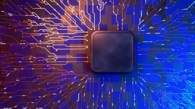 3D render of a metallic processor embedded in a luminous circuit board viewed from a shifting camera angle. Bright blue and orange glowing pathways symbolize data flow, big data analytics, and