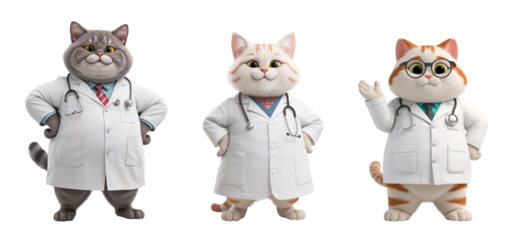 A funny cartoon cat doctor in clothes isolated on transparent background