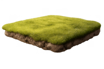 Floating green grass island with soil section against transparent background representing new growth and nature habitat