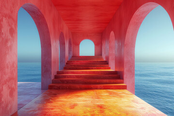 Red archway and stairs leading to ocean at sunset