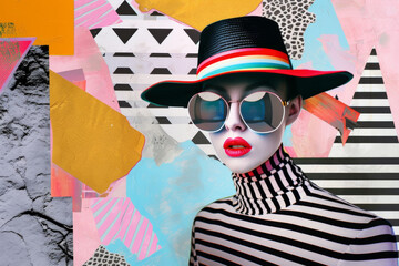 Fashionable woman in striped attire with abstract background