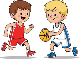 Children, playing, basketball, cartoon, sports, activity, teamwork, fun, smiling, dribbling, red jersey, white jersey, sneakers, youth, energetic, outdoor, competition, motion, illustration, colorful