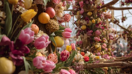 Fototapeta premium Bright spring flower festival scene with large floral installations, tulips, branches and fruit details, joyful festive atmosphere.