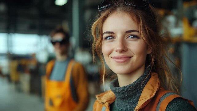 Confident Operator at Work: A poised woman, radiating competence, smiles warmly in a dynamic industrial environment, representing dedication and capability.