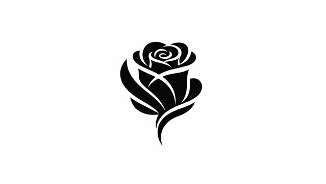 Black rose logo with stylized leaves on a white background, simple graphic design element.