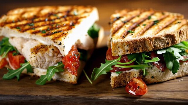 Delicious Grilled Chicken Panini Sandwiches with Tomatoes, Grilled chicken panini sandwiches filled with fresh tomatoes, served on toasted bread, showcasing a delicious meal option