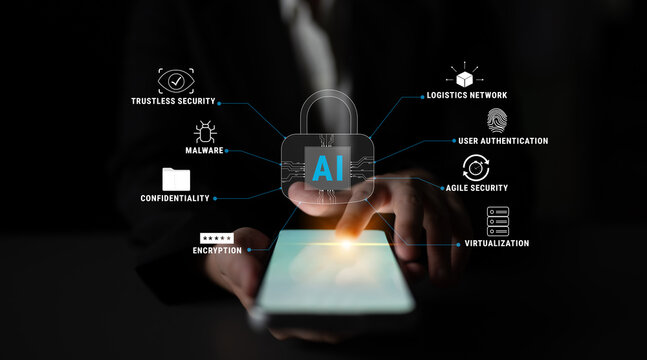 The role of AI in cybersecurity for advanced threat protection and data security. Using AI for malware detection, encryption, and user authentication. Motif - Powered by Adobe