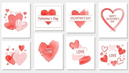 Set of Minimalist Watercolor Valentine's Day Greeting Cards with Abstract Red and Pink Heart Designs and Typography