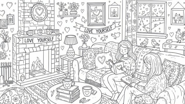 Adult Coloring Page of a Cozy Living Room Scene with Fireplace, Books, and Inspirational Love Yourself Banners