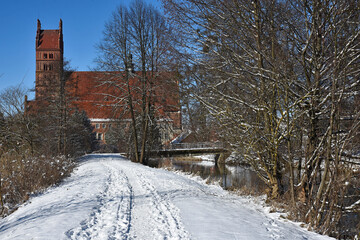 Collegiate Basilica in winter in Dobre Miasto, Warmia, Poland