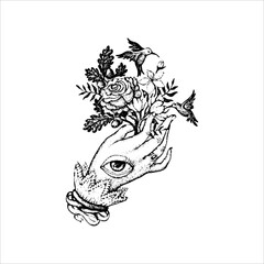 Surreal Hand With Eye Holding Flowers And Hummingbirds