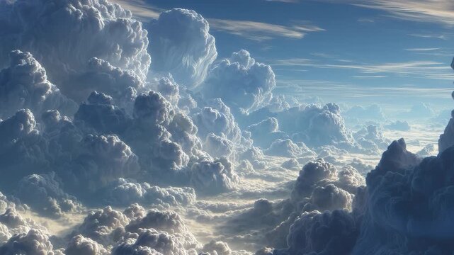 昼空の積雲へ光芒が広がる壮大な雲景、人物なし