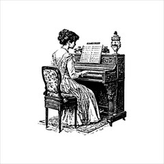 Vintage Engraving Woman Playing Piano With Sheet Music