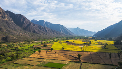 Rural landscape of Mayasc&oacute;n village surrounded by mountains in Lambayeque, Peru