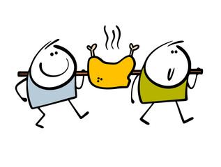 Two men carrying  roasted animal carcass on stick. Vector illustration of hunters cooking dinner around campfire. Picnic in forest. There is steam, delicious lunch, and  mouth  watering with appetite.