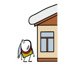Funny confused stickman in winter clothes looks at a large snowdrift on the roof of a house. Vector illustration, snow is falling, danger to the child. Snow cartoon  cleaning.