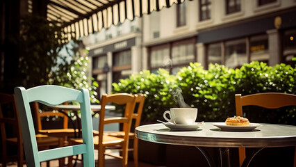 Fototapeta premium Steaming coffee cup and pastry on a cafe table.