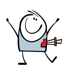 Cartoon stickman at a Halloween party with a wound and a knife in his body. Vector illustration of a funny fancy dress for a holiday. Weapons and blood.