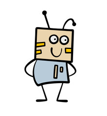 Carnival costume made of cardboard and a box on his head, a retro robot with an antenna. Vector illustration of a boy at a masquerade or at a theater performance. Halloween hero, new technology.