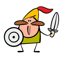 Fabulous warrior wearing a helmet with a sword and shield. Vector illustration of a funny actor dressed as knight with a weapon defending his homeland. Cute stickman with a big mustache, a brave guy.