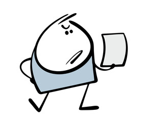Cartoon disgruntled stickman reads a letter or document, frowns. Vector illustration of an angry man looking at a piece of paper. A rude guy and a message in the mail.