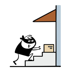 Cartoon crafty porch pirate reaches for a cardboard box near the house. Vector illustration a thief in a black mask commits a crime, steals a package from the porch.